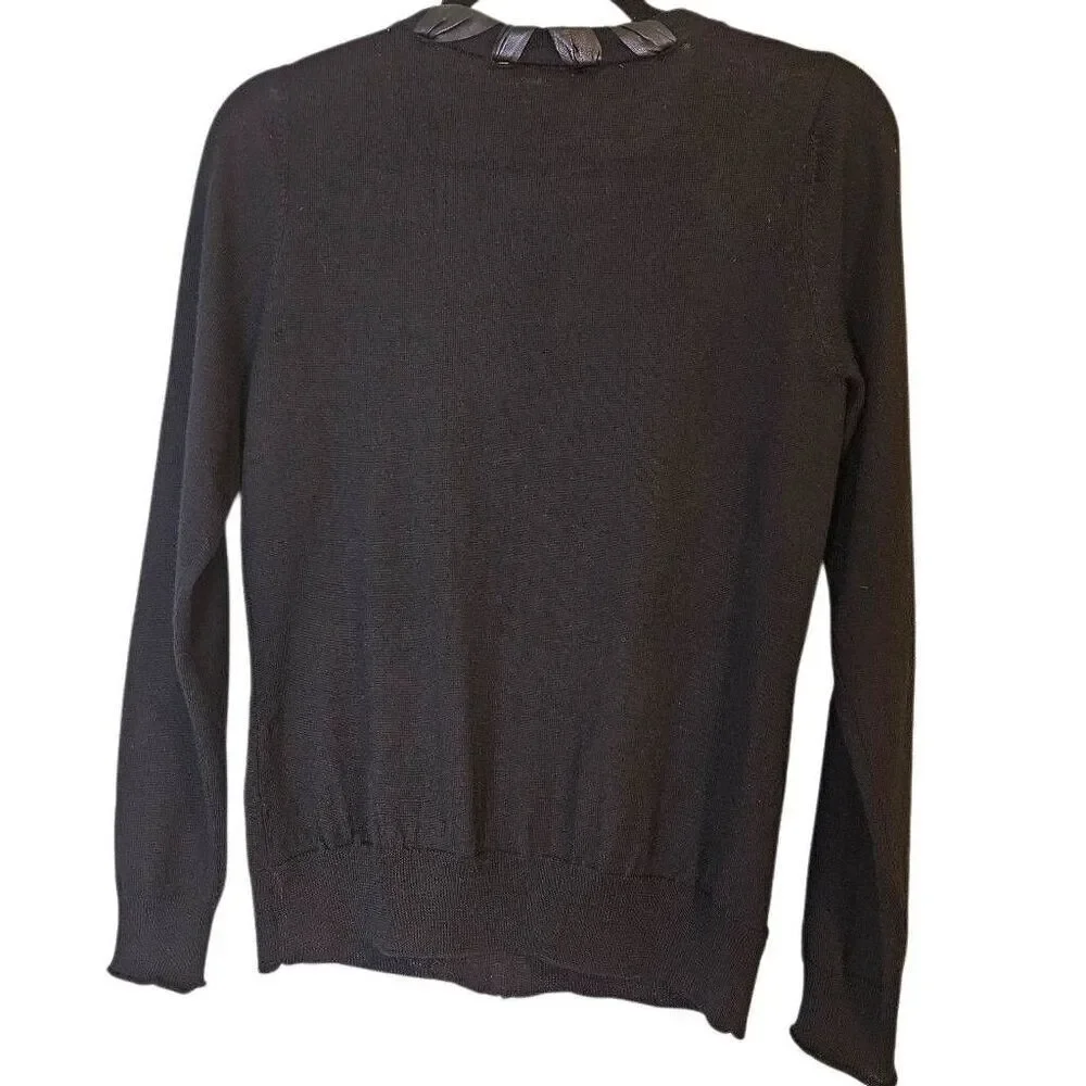 Elie Tahari merino wool black cardigan with leather trim. S  #905